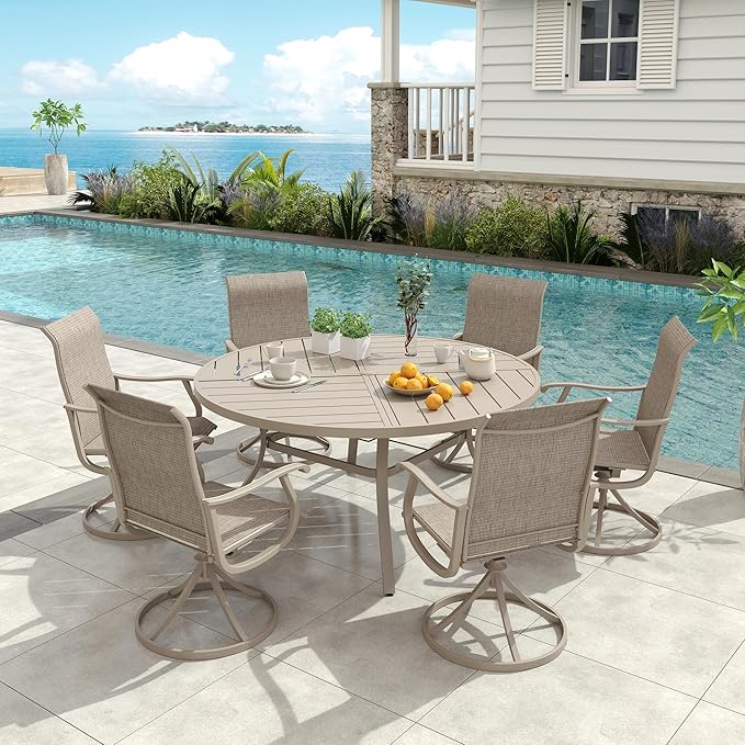 VICLLAX Round Patio Dining Table, 6-8 Person Metal Outdoor Dining Table with Umbrella Hole and Storage Shelf for Garden Lawn Deck, 53" Sandshell
