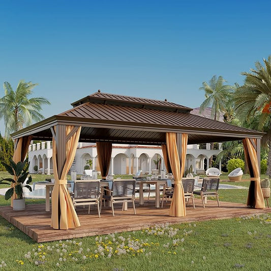 GAZEBEST 14' X 20' Hardtop Gazebo, Outdoor Galvanized Steel Double Roof Permanent Aluminum Frame Pavilion Pergola Canopy with Privacy Curtains for Garden, Patio, Backyard, Deck and Lawns.