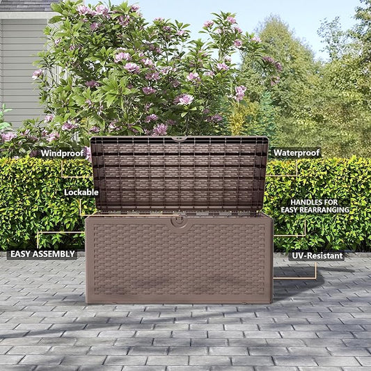 80 Gallon Pro Outdoor Storage Box Waterproof Lockable Resin Deck Box Large, Patio Storage Bin for Pool Accessories Cushion Furniture, Garden Tools, UV-Resistant Outside Delivery Brown