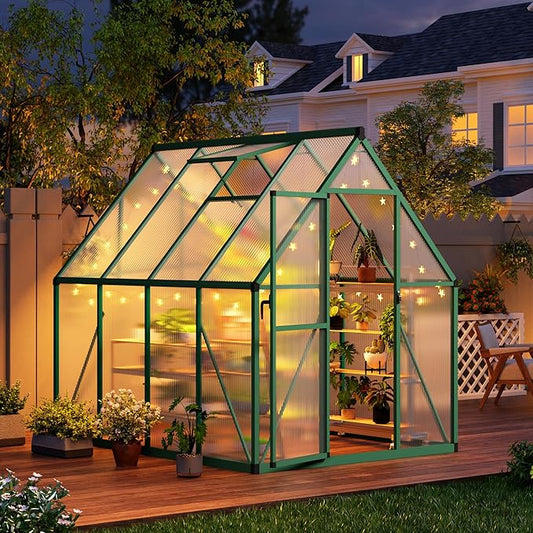 CABIHOME 6x7 FT Outdoor Greenhouse, Polycarbonate Greenhouse with Roof Vent and Ground Nails, Aluminum Large Walk-in Green House w/ Lockable Push Door for Outside Garden Backyard (Green, 6x7 FT)
