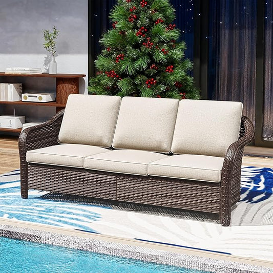78" Wicker 3-seat Sofa, Outdoor Conversation Furniture, All-Weather Rattan Couch, Steel Frame Couch with Cushions for Garden, Poolside, Porch (Beige)