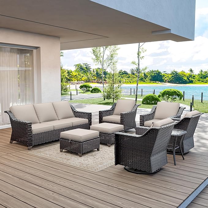 8 Pieces Wicker Patio Furniture, Luxury Outdoor Furniture with 2 Patio Swivel Chair, 2 Patio Chair, 3-Seater Sofa, 2 Patio Ottoman and 1 Side Table, Wide Armrest, Thickened Cushions
