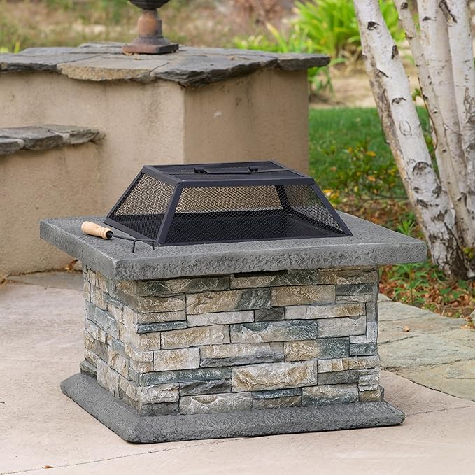 29 Inch Outdoor Fire Pit Table, Wood Burning Fire Pit for Patio with Spark Screen, Fire Poker, MGO Square Fireplaces for Camping, Garden, Backyard, Bonfire Party, Stone Gray