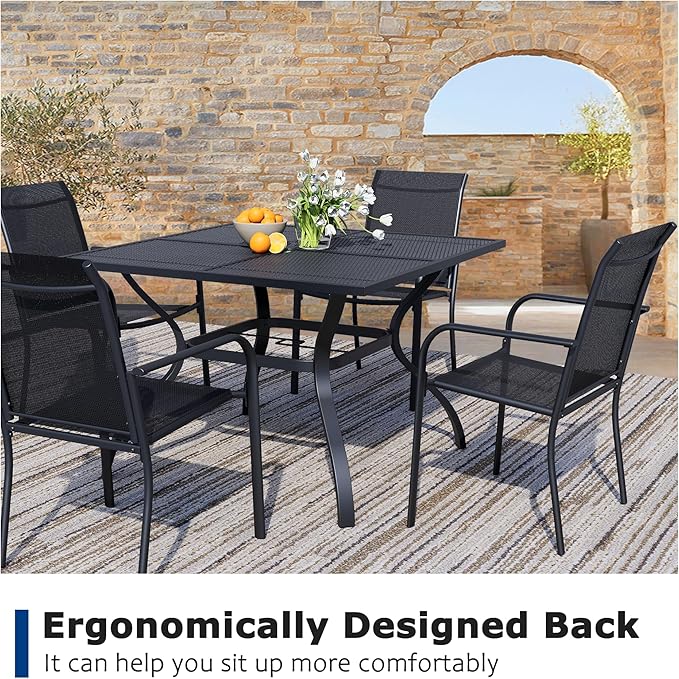 5 Piece Outdoor Dining Set, Patio Table and Chairs Set of 4, 37.5" Black Square Patio Table with 4 Black Stackable Patio Chairs for Lawn, Garden, Porch