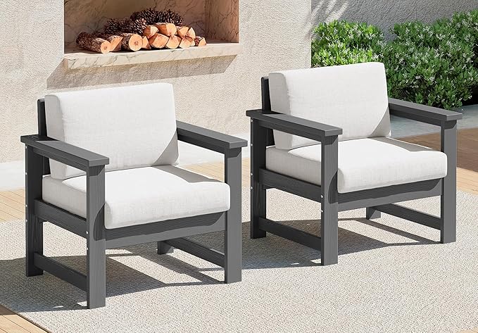 SERWALL 2 Pieces Single Cushioned Sofa Chair, Grey HDPE Outdoor Adirondack Lounge Armchair with Khaki Cushion