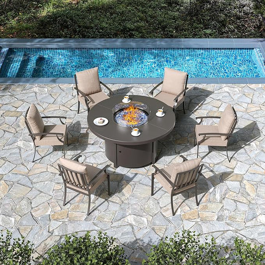 7 Pieces Patio Furniture Set with Round Fire Pit Table, Outdoor Conversation Sets 6 Chairs with Upgrade Cushions for Patio, Backyard Brown