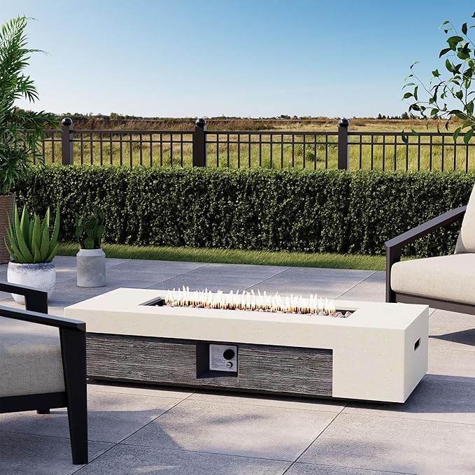 COSIEST 56" Outdoor Propane Fire Pit Table Rectangle Gas Fire Pit Table with Concrete & Wood Grain Design, 50000BTU Electronic Ignition Fire Tables for Patio, Backyard, Garden Heating