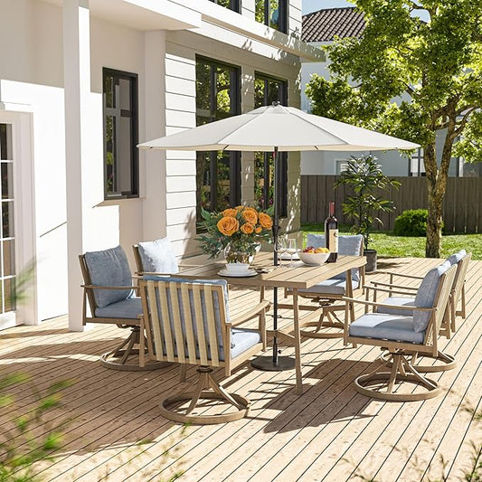 HAPPATIO 7-Piece Outdoor Dining Set for 6, Aluminum Patio Dining Set Includes 6 Swivel Dining Chairs and 1 Large Rectangular Table with Umbrella Hole, Patio Furniture Set for Lawn, Porch, Brown