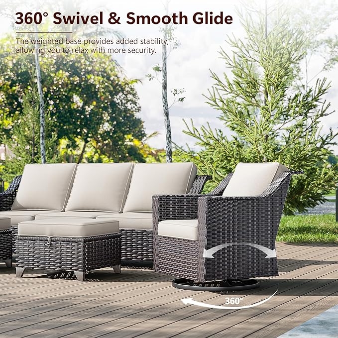 7 Pieces Wicker Patio Furniture, Luxury Outdoor Furniture with 2 Patio Swivel Chair, 3-Seater Sofa, 2 Patio Ottoman, 1 Coffee Table and 1 Side Table, Wide Armrest, Thickened Cushions