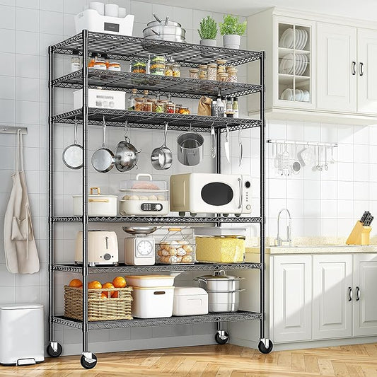82" H X45 W X18 D Wire Shelving Unit, 6 Tier Adjustable Storage Shelves with Wheels 1200LBS Metal Shelving for Restaurant Garage Pantry Kitchen Closet Commercial,Black