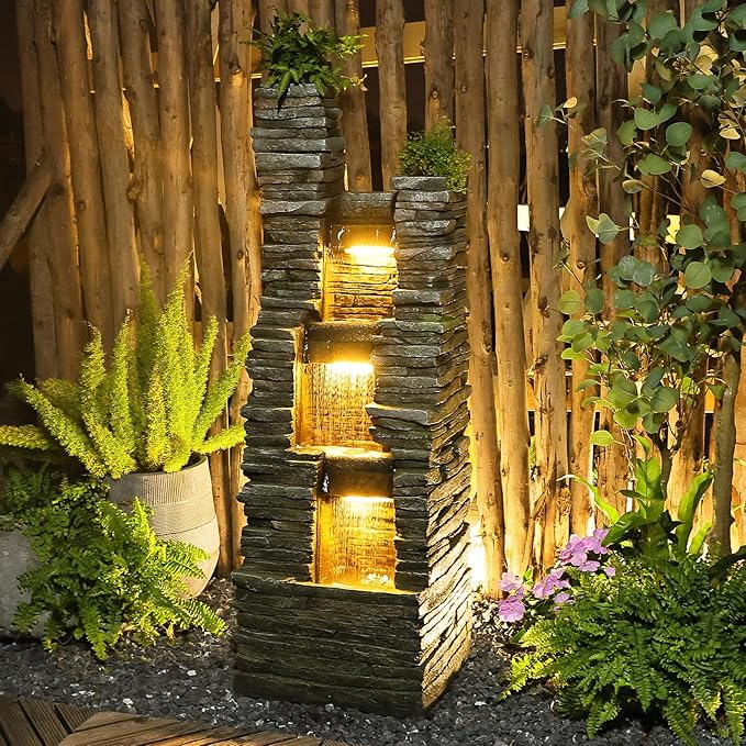 Bumilgar 47" H Garden Water Fountain Outdoor with LED Lights & Pump, 3-Tier Cascading Outdoor Fountain for Garden,Patio,Porch,Backyard,Home Art Decor (Gray)