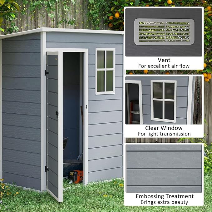 Outsunny 5' x 3' Outdoor Storage Shed, Plastic Shed with Vent, Window and Double Lockable Doors, Utility Resin Shed for Patio, Backyard, Lawn, Garage, Gray