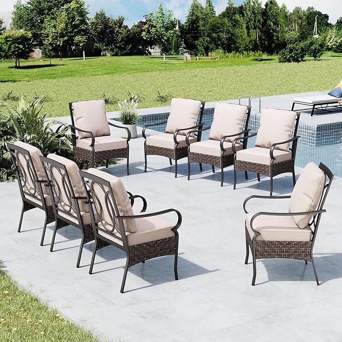 MFSTUDIO Patio Outdoor Chairs Set of 8, Metal Wicker Dining Chairs with Thick Cushions and Armrests, Oversided Outdoor Furniture Chairs for Dining Table, 300lbs
