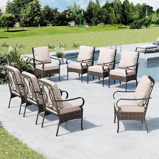 MFSTUDIO Patio Outdoor Chairs Set of 8, Metal Wicker Dining Chairs with Thick Cushions and Armrests, Oversided Outdoor Furniture Chairs for Dining Table, 300lbs