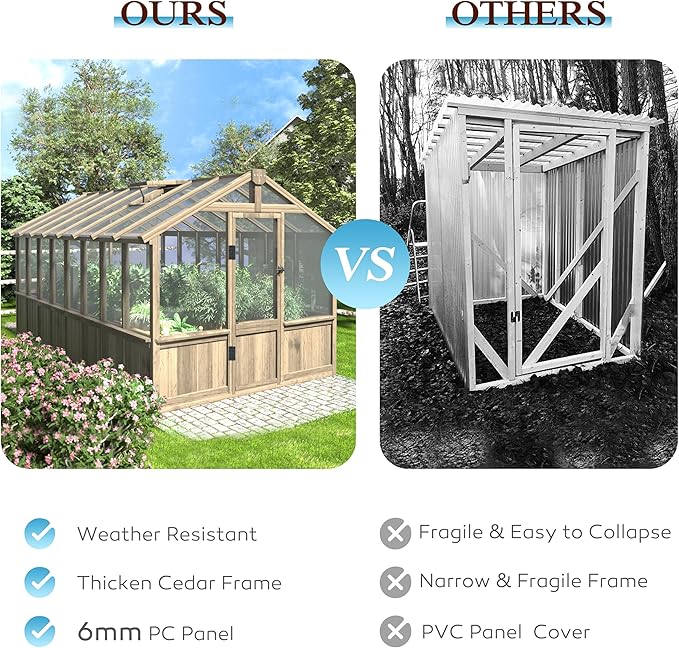 Mupater 8 x 16 FT Wooden Greenhouse for Outdoor, Heavy Duty Greenhouse Kit with Vent Window and Lockable Door, Walk-in Green House for Garden, Patio, Backyard and Lawn, Brown