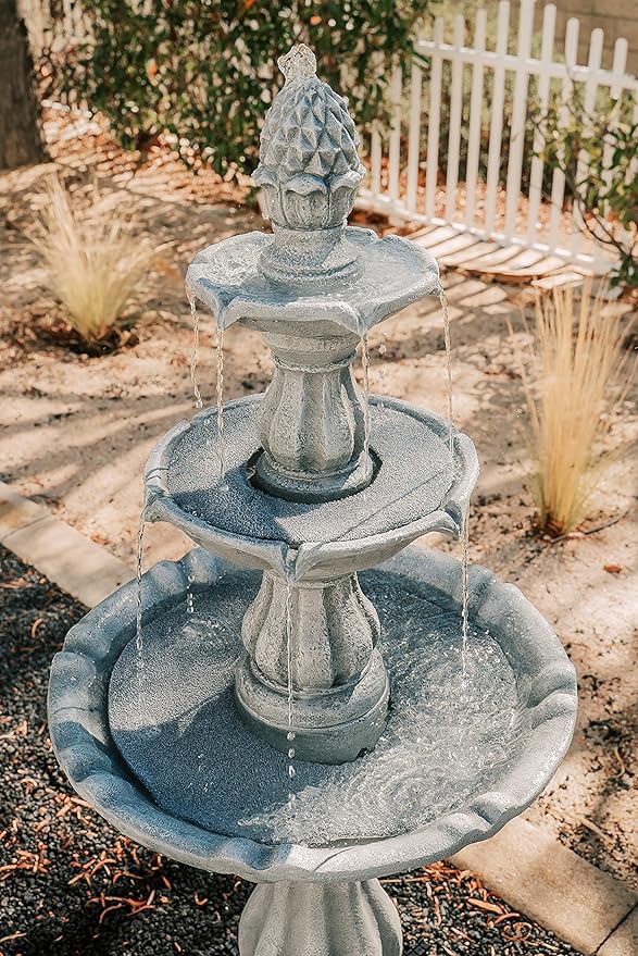XBrand Outdoor Water Fountain 51 inch 3-Tier Garden Fountain with Pump, Weather Resistant Resin Patio & Yard Waterfall Feature - Grey
