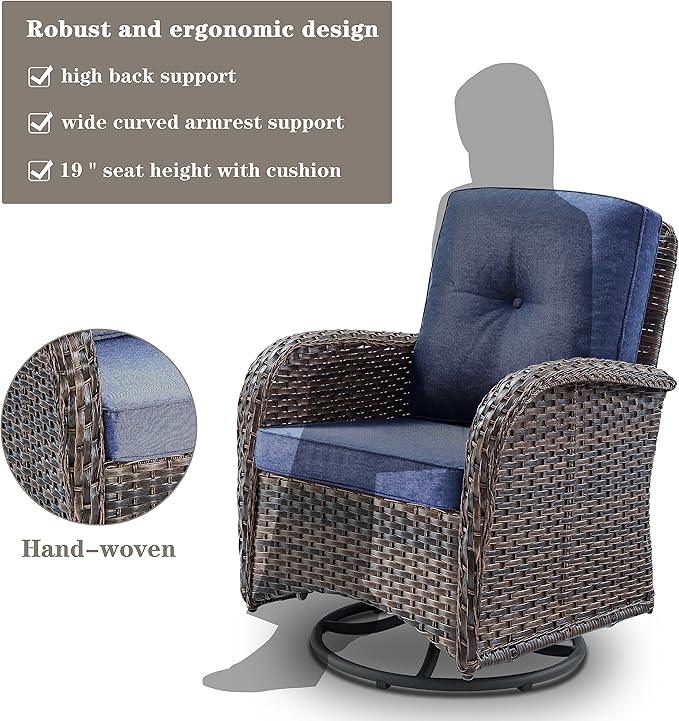 Belord 7 Piece Outdoor Patio Wicker Furniture Sets with Swivel Rocker Chairs, Rattan Loveseat Conversation Sets for Patio Deck Backyard Poolside, Blue Cushion