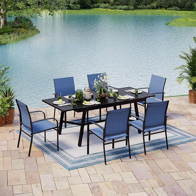 7 Pieces Patio Table and Chairs Set, Patio Dining Set for 6, 6 Textilene Chairs and 1 Expandable Patio Dining Table with Umbrella Hole, for Deck Backyard Lawn Poolside, Blue