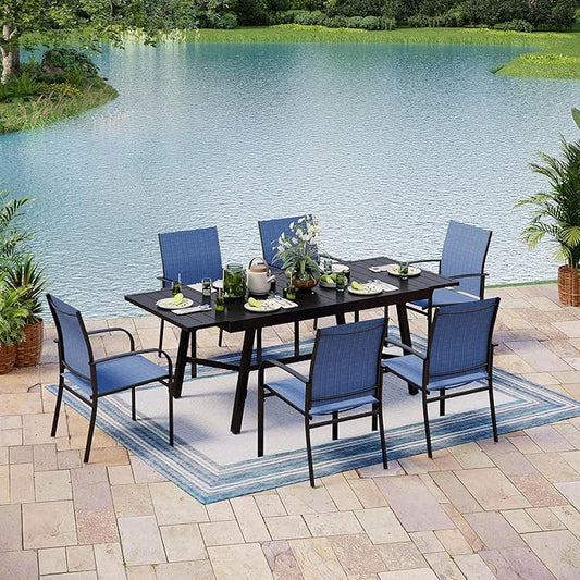 7 Pieces Patio Table and Chairs Set, Patio Dining Set for 6, 6 Textilene Chairs and 1 Expandable Patio Dining Table with Umbrella Hole, for Deck Backyard Lawn Poolside, Blue