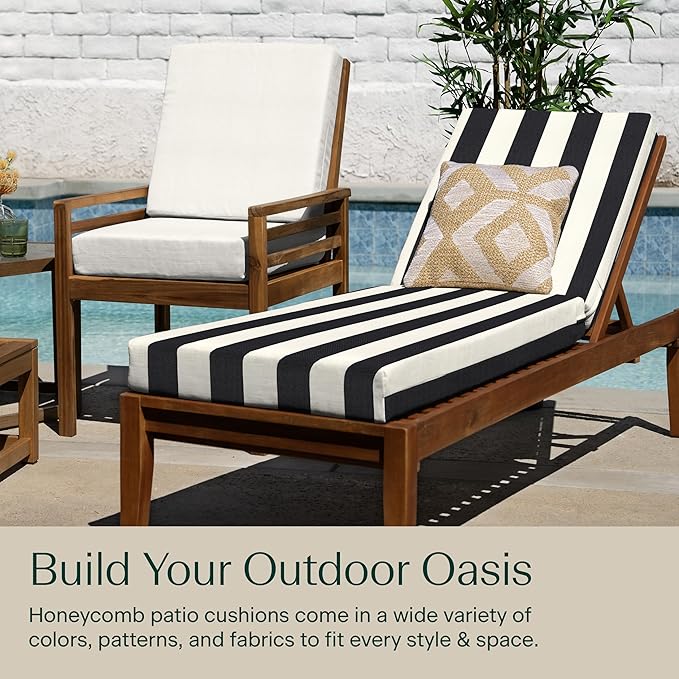 Honeycomb Outdoor Heritage Chaise, 22.5" W x 70" L, Cabana Stripe Black and Ivory Chair Cushion for Patio Furniture