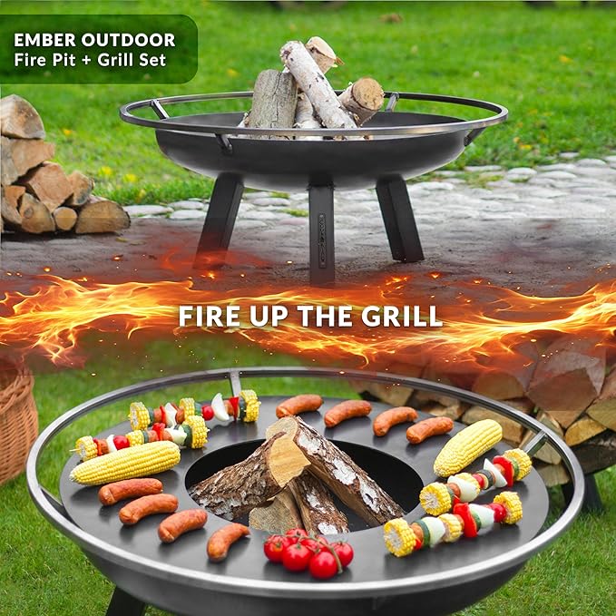 Ember 32" Handcrafted Cooking Fire Pit, Cooking Grill Plate Attachment and Cover Lid Attachment for Wood Burning for Backyard Grilling Campfire for Camping, Outdoor Steel, Good Directions Firepit