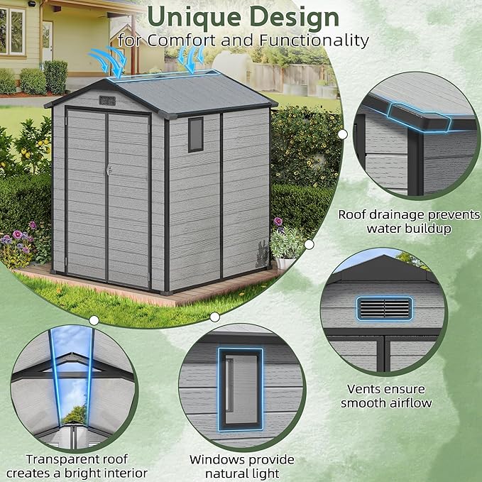6×6FT Plastic Outdoor Storage Shed, Double Door Tool Shed with Transparent Roof and Vent, Lockable Door with Key, Storing Patio Furniture, Gardening Tools, and Bicycle Accessories.