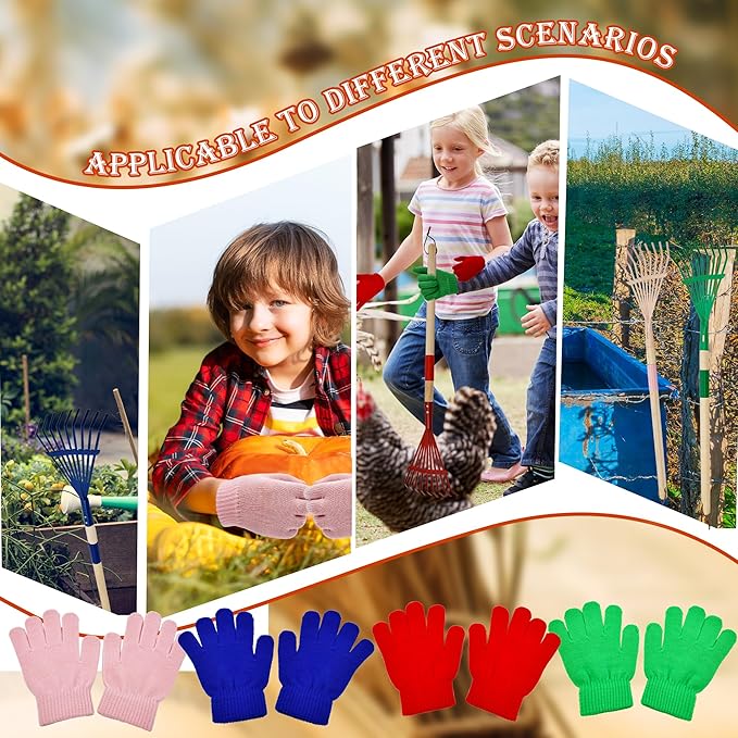 4 Set Kids Leaves Rakes with Hardwood Handle Metal Rakes Child Garden Lawn Rake with 4 Pairs Gloves for Garden Leaves Tools