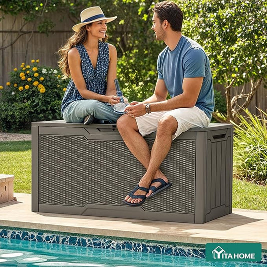 YITAHOME 80 Gallon Resin Deck Box, Weather Resistant Outdoor Rattan Storage Box, Lockable Indoor Outdoor Storage for Supplies and Essentials, Taupe