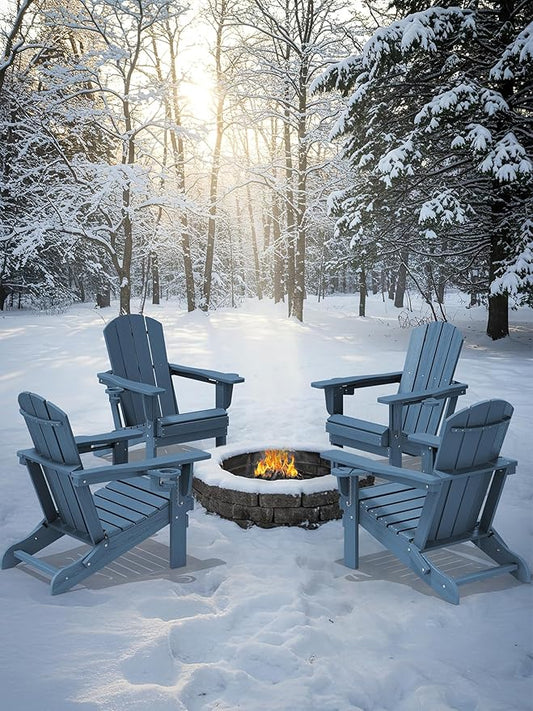 KINGYES Folding Adirondack Chair Set of 4, Dual Cup Holders & All-Weather HDPE, Wood-Like Patio Chair for Backyard, Camping, Pool & Fire Pit, Navy
