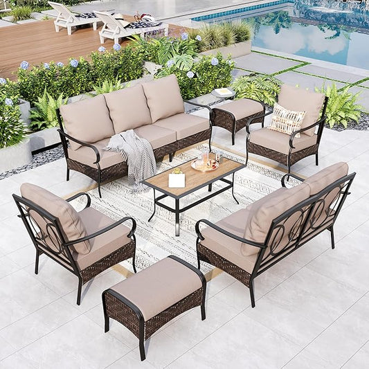 GREEN PARTY Extra Large Outdoor Patio Furniture Set 7 Pieces for 9, Modern Metal Patio Conversation Sets with High Back 3-Seat Sofa & Loveseat Sofa, 2 Fixed Chairs, 2 Ottoman, 1 Coffee Table