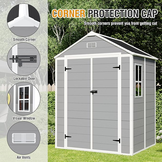 Resin Storage Shed 6x5ft?Outdoor Storage Sheds with Floor, HD Window, Lockable Doors and Vents, Tool Shed for Bike, Garden, Backyard,Lawn, All Weather Use (Grey, 6 * 5ft)