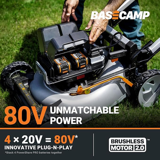 Worx Nitro 80V Cordless Lawn Mower, Electric Mower with Brushless Motor, 3-in-1 Self-Propelled Lawn Mower WG761-4 Batteries & Basecamp Charger Included