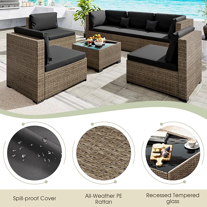 7 Piece Patio Sectional Furniture Set Outdoor Furniture Patio Conversation Sets & Patio Sectional - Hand-Woven Wicker Outdoor Sectional Black Cushions Glass Table
