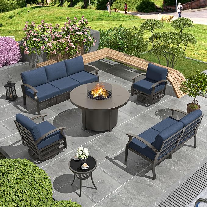 Aluminum Patio Furniture Set with Round Fire Pit Table, 7 Seats Outdoor Conversation Sets Modern Metal Patio Sectional Sofa with Upgrade Cushions for Patio, Backyard Navy