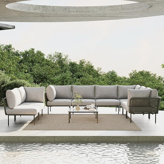 9 Piece Modern Outdoor Rope Wicker Sectional Patio L-Shaped Conversation Sofa Set Deep Seating with Thick Cushions