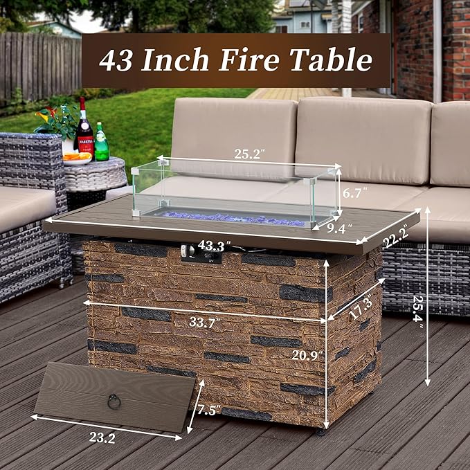 PIZZELLO 43” Propane Fire Pit Table Outdoor Rectangular Stone Firepit Table 50,000 Btu Propane Fire Tables for Outside Patio with Glass Wind Guard, Lid, Fire Glass Beads,Brown Rock Look