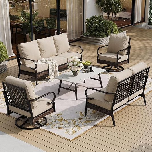 5 Piece Metal Outdoor Patio Furniture Set, Patio Conversation Sets 3-Seater Sofa, 2-Seater Sofa, 2 Swivel Chair with 5.75" Thick Cushion & Coffee Table Black Backyard Furniture, Beige