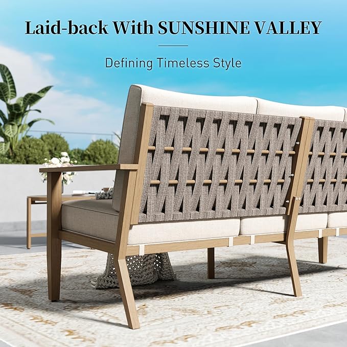 Patio Conversation Set,5 Pcs Metal Outdoor Furniture with 3-Seater Sofa,2 Single Chairs,Metal Nested Table and 5.75" Extra Thick Cushion for Lawn Garden Backyard,Beige