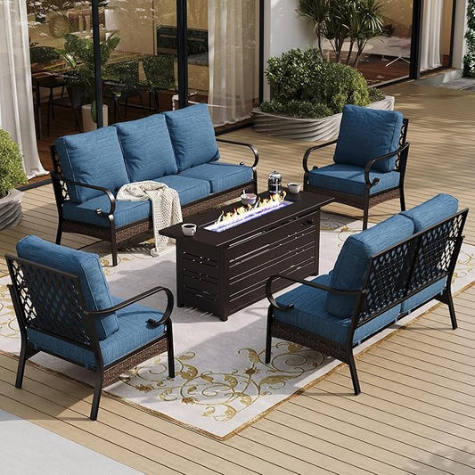 5 Piece Black Metal Outdoor Patio Furniture Set with Firepit Table, Patio Conversation Sets 1 3-seater Sofa, 1 2-seater Sofa, 2 Single Sofa with 5.75" Cushion for Backyard Deck, Blue-2