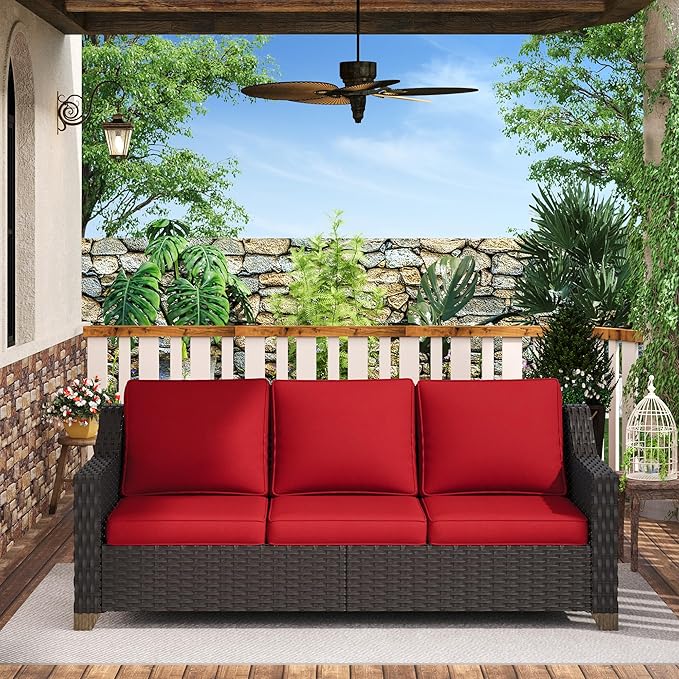 77'' Patio Sofa, All Weather Outdoor Rattan Wicker 3-Seat Sofa High Back Couch with Premium Cushions for Garden Backyard Porch(Brown/Red)