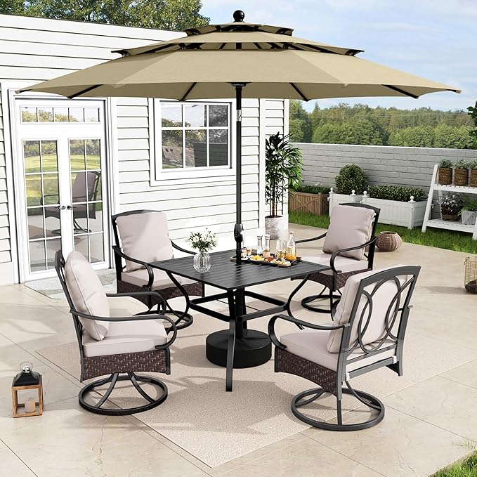 MFSTUDIO Patio Table and Chairs for 4 with 10ft Umbrella, 5 Pieces Outdoor Dining Table Furniture, 37'' Sqaure Metal Table & Swivel Chairs & Umbrella, Heavy Duty Patio Set with Umbrella