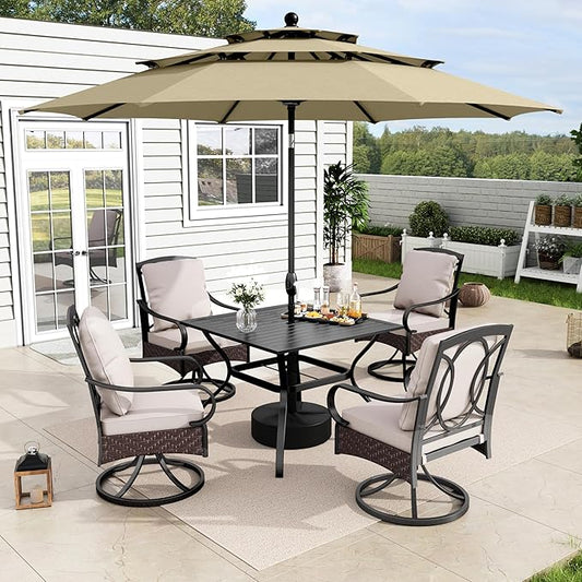 MFSTUDIO Patio Table and Chairs for 4 with 10ft Umbrella, 5 Pieces Outdoor Dining Table Furniture, 37'' Sqaure Metal Table & Swivel Chairs & Umbrella, Heavy Duty Patio Set with Umbrella