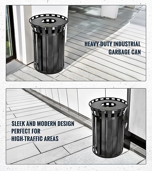 Alpine Industries 38 Gallon Commercial Outdoor Metal Trash Can, Open Top with Lid & Liner (Black)