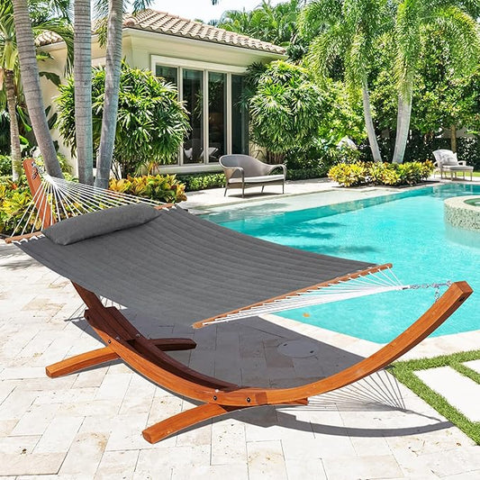 Lazy Daze Hammocks 12 FT Sunbrella Quilted Hammock Double Hammock with Hardwood Spreader Bar, for Patio Outdoor Outside All Weather, 450 lbs Capacity, Cast Slate