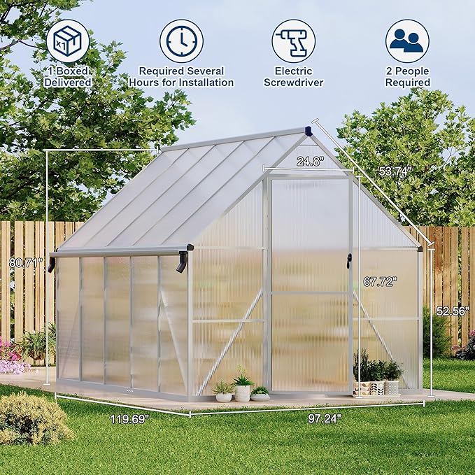 Polycarbonate Greenhouse for Outdoors, Large Walk-InGreenhouse with Quick Setup Structure and Roof Vent, Greenhouse with Ventilation