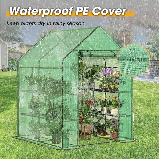 Greenhouse, 56×56×76" Walk in Greenhouse, Portable Green House for Outdoors with Thicken PE Cover, 3 Tiers 8 Shelves for Plants, Flowers, Seedling (Green, 56x56x76 inch)