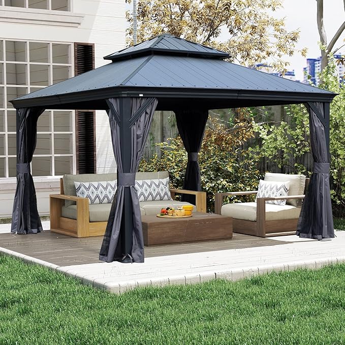 Domi 12’x12’ Hardtop Gazebo with Resin Roof, Outdoor Metal Gazebo with Drainage Gutters, Permanent Heavy Duty Pavilion for Patio, Backyard and Deck, Curtains and Mosquito Netting Included