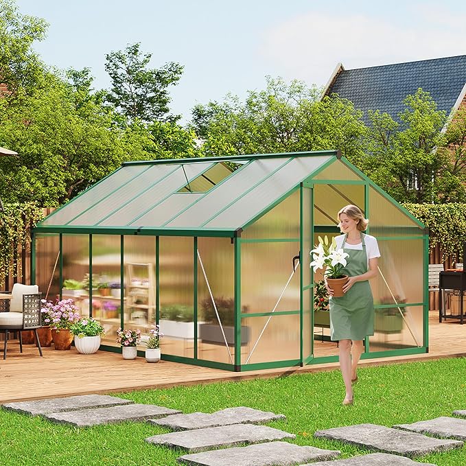 8x12 ft Greenhouse for Outdoors, Polycarbonate Greenhouse with Roof Vent, Ground Nails, Lockable Push Door, Aluminum Large Walk-in Green House for Outside Garden Backyard, Patio, Lawn, Green