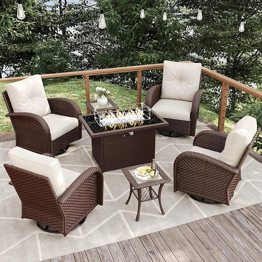 7 Pieces Patio Furniture Sets with Fire Pit Table, Wicker Rattan High Back Outdoor Swivel Rocking Chairs Set with Side Table
