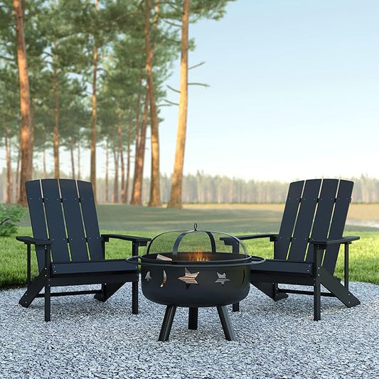 EMMA + OLIVER Campfire Set - Two Slate Poly Resin Adirondack Chairs - 29" Star and Moon Fire Pit with Mesh Cover - Weather Resistant - Wood Burning Fire Pit